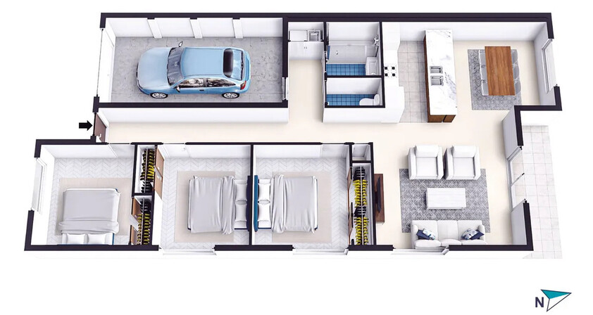 New, modern, contemporary 3-bedroom home floor plan