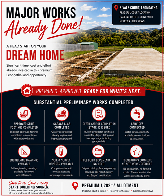 Build Sooner. Premium 1,282m² Allotment with Major Works Already Completed